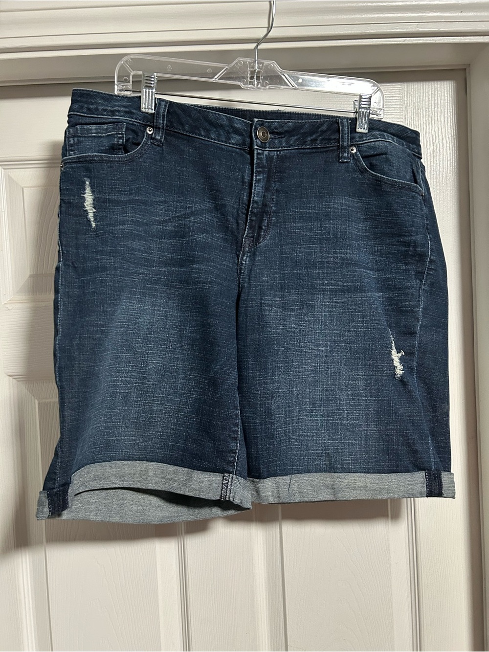 Lane Bryant Venezia Dark Wash Rolled Hem Denim Shorts - Distressed Detail